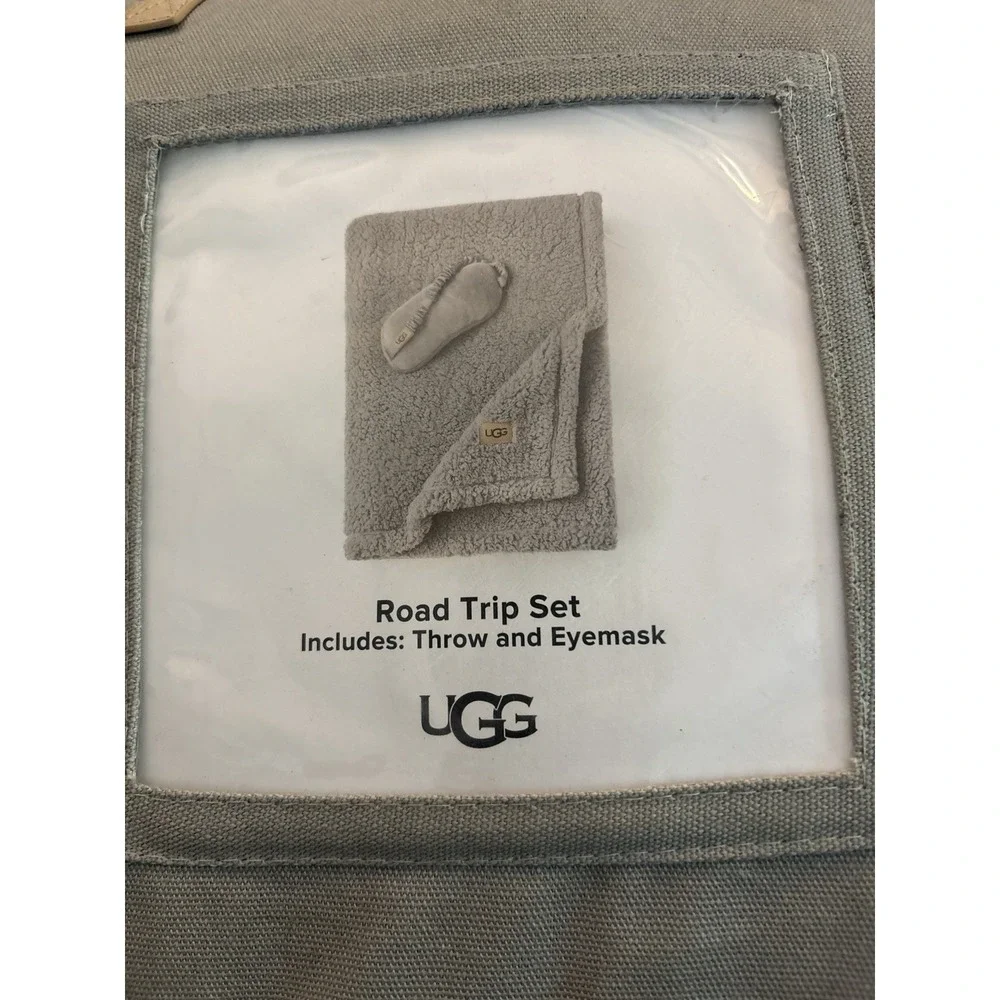 UGG Ceramic 3-piece Sherpa Fleece Road Trip Sleep Set Blanket Eye Mask Case NEW